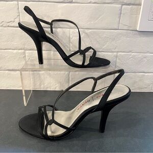 White House Black Market sz 7 Amelia black satin strappy heeled sandals